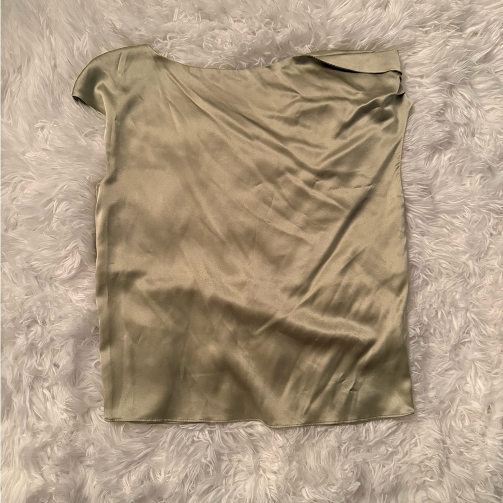 Sleek Olive Green 90% Mulberry Silk Top (off shoulder)